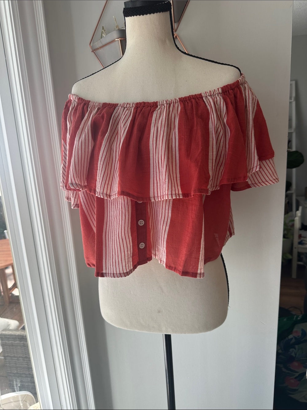 FAITHFULL Off-Shoulder Red Cream Striped Ruffle Crop Top cotton Boho Size 8
